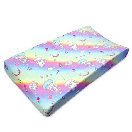 Changing Pad Cover, Ultra Soft Stretchy Coral Velvet Cradle Sheet, Unicorn Rainbow Printing for Baby Boys Girls, Fits Standard 16" x 32" Contoured Changing Table Pads