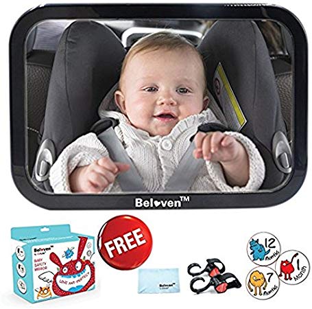 Baby Car Mirror for Back Seat, Clear Rearing Facing Mirror, 360 Degree Adjustable Wide Convex Shatterproof Glass, Fully Assembled, Crash Tested