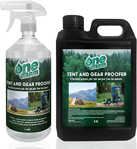 One Chem - Tent and Gear Waterproof 1 Litre Spray - with 2.5L Refill - Effectively Protects Tents From The Elements - Ideal for Camping and Hiking