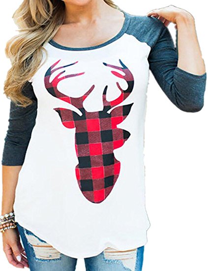 Fulok Womens Christmas Deer Casual Long Raglan Sleeve Top T-Shirt