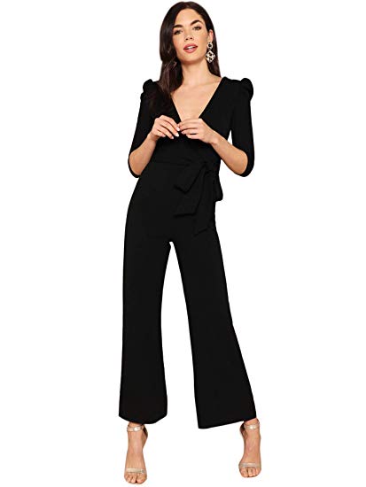 Romwe Women's 3/4 Puff Sleeve Deep V Neck Wrap Palazzo Long Wide Leg Jumpsuit