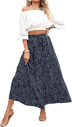 MEROKEETY Women's Boho Floral Print Elastic High Waist Pleated A Line Maxi Skirt