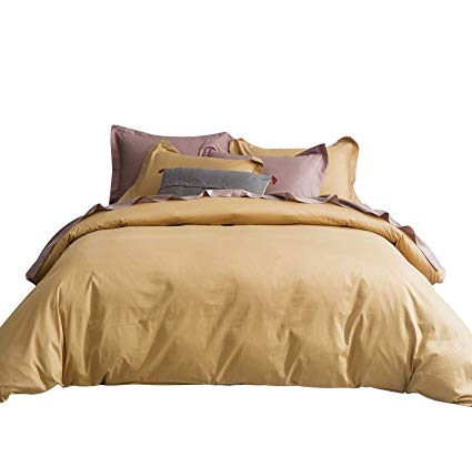 SUSYBAO 3 Pieces Duvet Cover Set 100% Natural Cotton Queen Size 1 Duvet Cover 2 Pillow Shams Solid Gold Luxury Quality Ultra Soft Breathable Comfortable Durable Fade Resistant Bedding with Zipper Ties