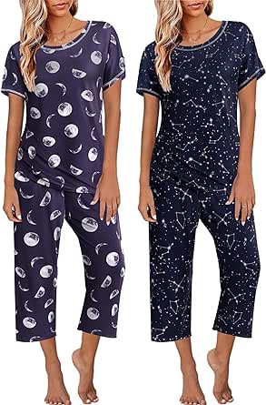 Ekouaer 2 Pack: Womens Pajamas Short Sleeve Sleepwear Tops and Capri Pants Pjs Print Pajama Sets