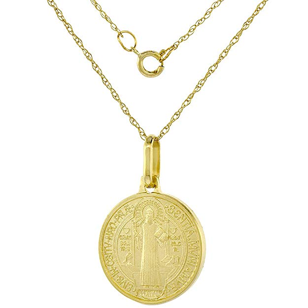 Dainty 14k Gold & Sterling Silver St Benedict Medal Necklace Round 5/8 inch Italy