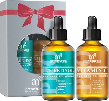 Art Naturals Organic 20% Vitamin C Serum 1.0 oz & 2.5% Vitamin A (Retinol) Serum 1.0 oz - Holiday Gift Set - Best Anti Wrinkle & Dark Circle Remover (Morning & Night Anti Aging Therapy)