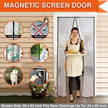 Magnetic Screen Door Mesh Curtain Full Frame Velcro Walk through Hands Free Black Door curtain Keep Bugs Out Lets Fresh Air In - Fits Doors Up To 34 x 82 inch Max