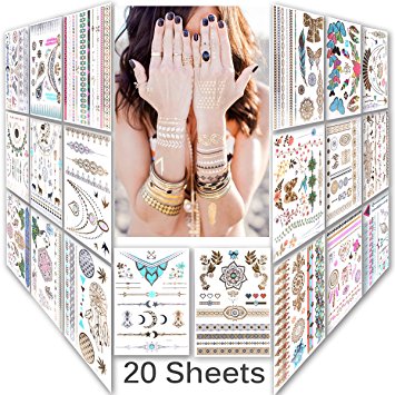Lady Up Mix Style 20 sheet 150  designs Body art Temporary Tattoos paper,Premium Metallic Flash Gold Silver and Multi-Colored Waterproof Tattoo for women kids or men 21X15cm/p