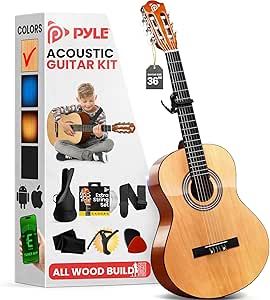 Pyle Beginner Acoustic Guitar Kit, 3/4 Junior Size All Wood Build Nylon String Instrument with Capo, Strap, Extra String Set, Gig Bag, Guitars for Beginners Adults Youth, 36" Natural Gloss