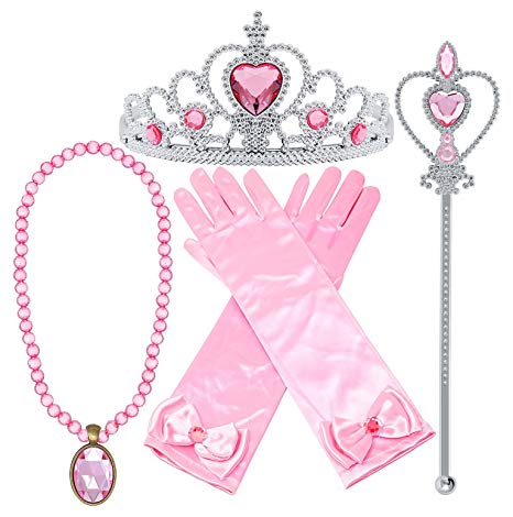 Tacobear Princess Dress up Accessories 4 Pieces Pink Gift Set for Aurora Crown Scepter Necklace Gloves
