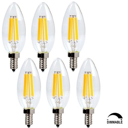 SooFoo E12 Candelabra Base 6W Dimmable COB LED Filament Candle Light Bulb,2700K Warm White 600LM,60W Incandescent Replacement,6 Pack