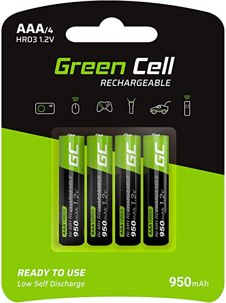 Green Cell 950mAh 1.2V Type AAA Pre-Charged Rechargeable Batteries, Pack of 4, Ni-MH Batteries, High Capacity, Ready to Use, Low Self Discharge, Micro Battery, HR03