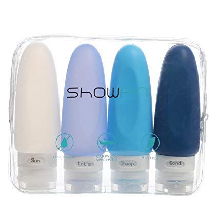 Showpin Silicone Travel Bottles Set for Men Leak Proof Travel Toiletry Bottles FDA Certificated TSA Approved BPA Free Protable Travel Containers for Shampoo/Liquids/Cosmetic,4 Pack,3oz