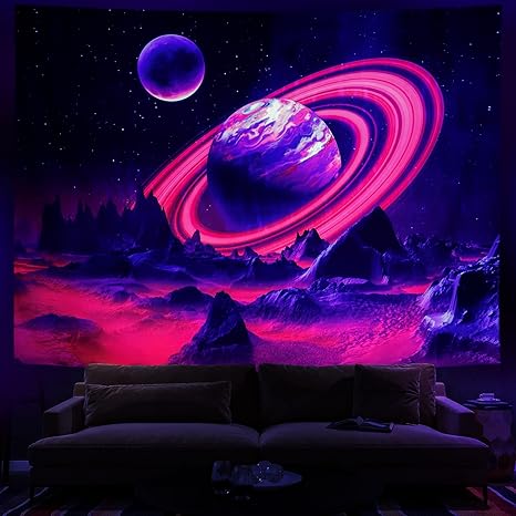 Leofanger Blacklight Trippy Planet Tapestry UV Reactive Mountain Wall Tapestry Galaxy Space Tapestry Starry Night Sky Tapestry Wall Hanging for Home Decor(70.8"x92.5")