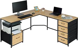 TOPSKY L-Shaped Desk Corner Computer Desk with 18.9" Depth Workstation, Cloth File Cabinet for Letter Size File Folder and 4 Cloth Storage Cabinets (Bamboo, 59 * 59 inch)