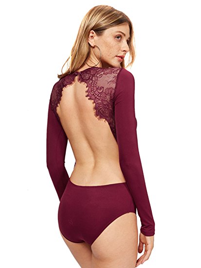 DIDK Women's Long Sleeve Backless Lace Applique Bodysuit