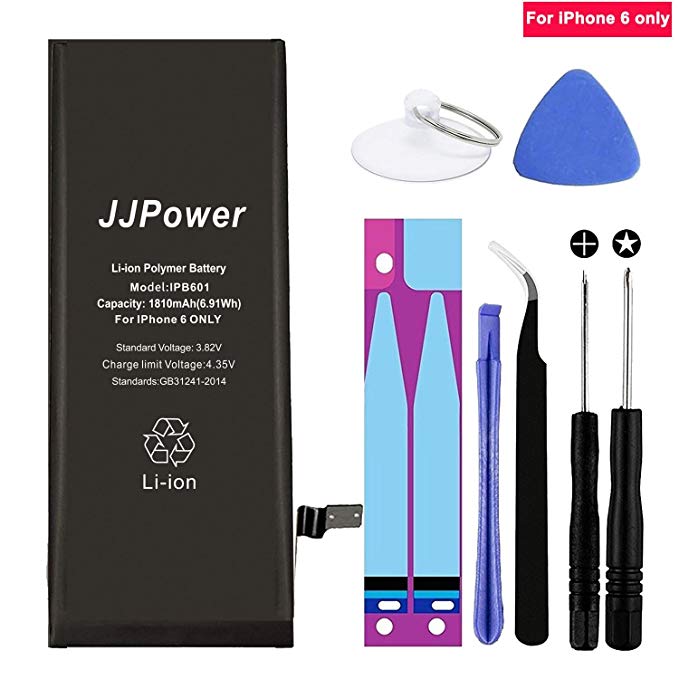 Battery for iPhone 6,JJpower iPhone 6 Battery Replacement Kit 1810mah for iPhone 6 Repair Tool Kits (Not for iPhone 6s) with Adhsive Tape Strip