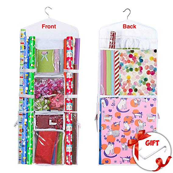 Primode Hanging Wrapping Paper Storage Organizer Bag Double Sided Multiple Front and Back Pockets Organize Your Gift Wrap, Gift Bags Bows Ribbons 40"X17" Fits Long 40 Inch Rolls Clear PVC Bag (White)