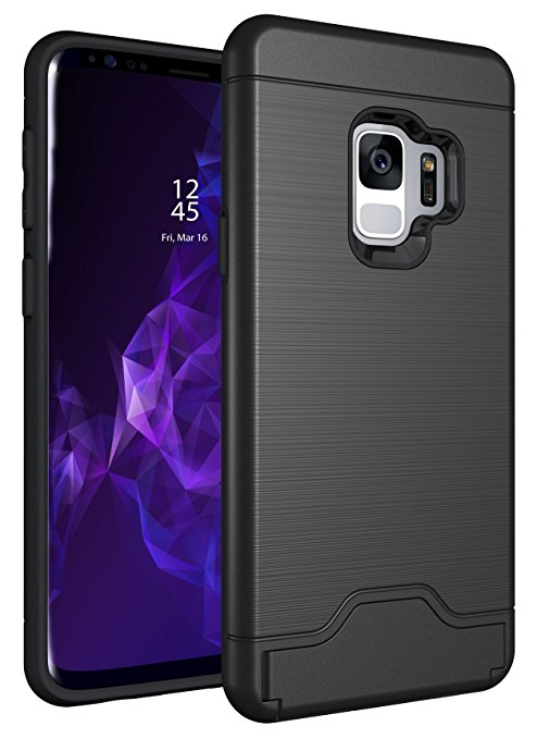 Galaxy S9 Plus Case, Brushed Metal Finish, Card Holder with Kickstand Shock Proof Absorption Dual Layer, ID Series, Black by Max K (S9 Plus)