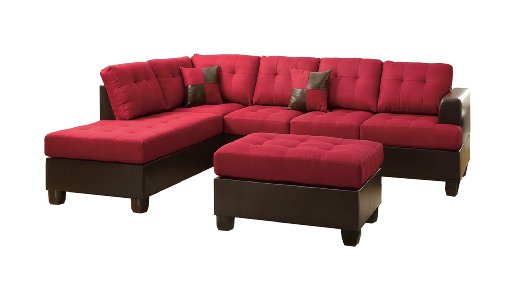Poundex Bobkona Winden Blended Linen 3-Piece Reversible Sectional Sofa with Ottoman, Carmine