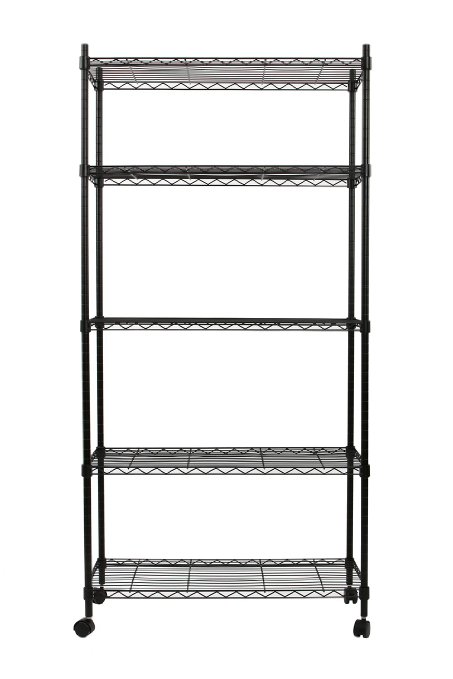 Finnhomy Adjustable Steel Wire Shelving Rack with Wheels, 5 Shelves, Black
