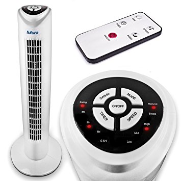 Oscillating Tower Fan 32” with Remote Control, 50W Eco White Electric Slim Cooling Fan with 3 Speeds 3 wind modes, LED Display Countdown Timer, Lightweight Eco Ultra Low Running Costs Less than 1p per hour *, (Batteries Included & Installed), 80 degree Widespread oscillation