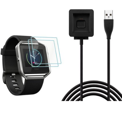 Fitbit Blaze Charger (With 2 Packs Screen Protector), CAVN Replacement USB Charging Cable with Screen Protector USB Wall Charger for Fitbit Blaze Smart Fitness Watch