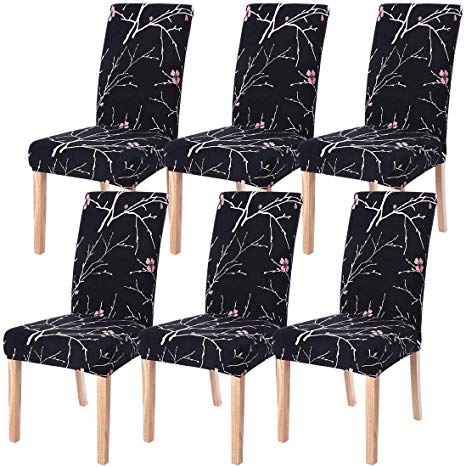 Dining Room Chair Covers Slipcovers Set of 6, SearchI Spandex Fabric Fit Stretch Removable Washable Short Parsons Kitchen Chair Covers Protector for Dining Room, Hotel,Ceremony(Black Flower,6 per set)
