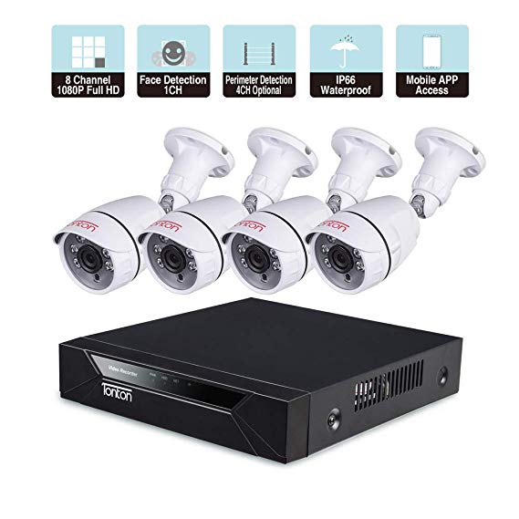 Tonton 8CH Full HD 1080P Security Camera System, Surveillance Video Recorder and (4) 2.0MP 1920TVL Waterproof Outdoor Indoor CCTV Bullet Camera with Face Dection and Perimeter Protection(No HDD)