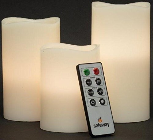 Safeway Candlelites - Set of 3 round LED Candle Lights 4" 5" 6" Vanilla Scented, Flameless Candles, Flickering Flame, Smooth Real Wax, With High Performance Remote Control Timer