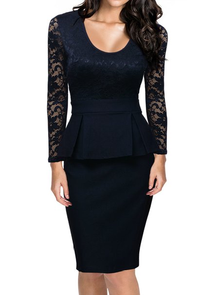 Miusol Womens Contrast Lace Lotus Knot Bodycon Sleeved Prom Dress
