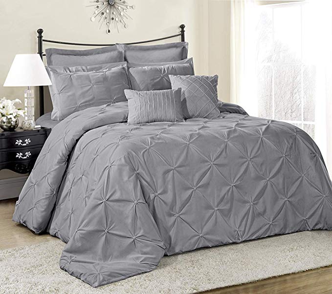 HIG 8 Piece Comforter Set Cal.King-Gray Elastic Embroidery-Lucilla Bed In A Bag- Soft, Hypoallergenic,Fade Resistant-1 Comforter,2 Shams,2 Euro Shams,2 Decorative Pillows,1 Bedskirt(Cal.King, Lucilla)