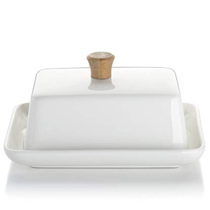 Dowan 6-inch Elegant Butter Dish with Lid,FDA Approved & White Porcelain Cheese Dish, Sturdy Wood Knob