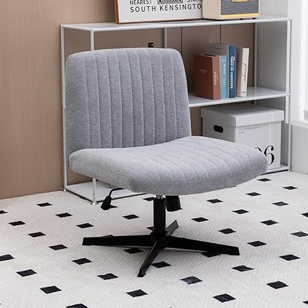 Armless Wide Office Chair No Wheels Fabric Padded Desk Chair Task Vanity Chair Swivel Home Office Desk Chair 120°Rocking Mid Back Ergonomic Computer Chair for Make Up,Small Space (Light Grey)
