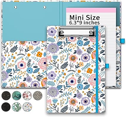 PULAIXIN Mini Clipboards Folio Folder with Refillable Lined Notepad(A5 Size 6" x 9"),Small Nursing Clipboard Foldable with Storage Pocket and Pen Holder for Kids for Classroom Office(Colorful Flowers)