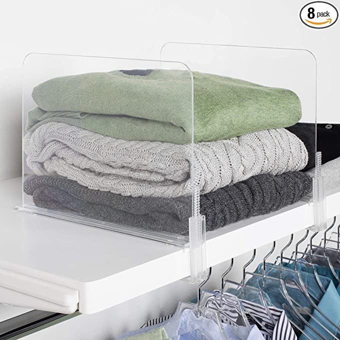 Richards Homewares Acrylic Shelf dividers 8 Pack-Closet Organizer and Storage for Purses, Sweaters, Clothes or Books Clear Separators for Bedroom Kitchen Cabinets or Office Shelves, Set of 8, 8 Piece