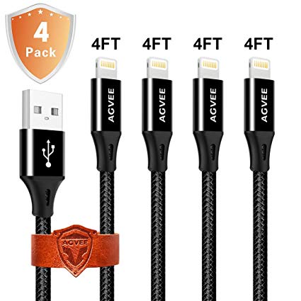 End Tip Bear 20kg Force, 4A Heavy Duty, Agvee Delicate Gloss Black Metal [4 Pack 1ft 4ft 6ft 10ft], Braided Fast Charging Cable Charger Cord for iPhone X 8 7 6s 6 Plus 5 Case Friendly