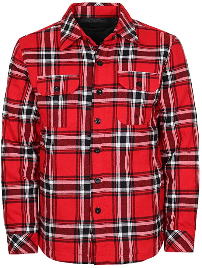 URBANJ Men's Long Sleeve Heavy Weight Quilted Lined Plaid Flannel Shirt Jacket
