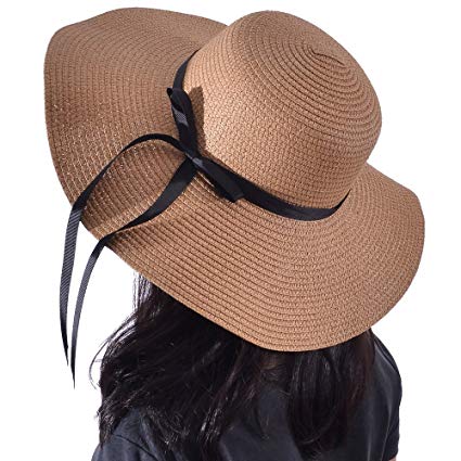 Yeeasy Womens Wide Brim Sun Hat Floppy Foldable Bowknot Straw Summer Beach Hat