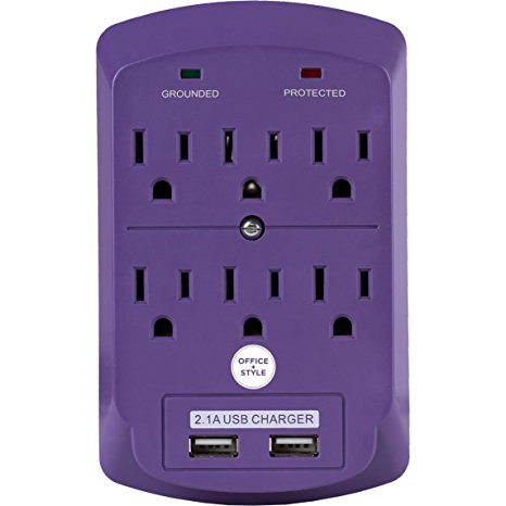 Surge Protector, Electronics Charging Station, 6 Outlet 2 USB Port Wall Adapter with Safety Indicator Lights -Purple- By Office   Style