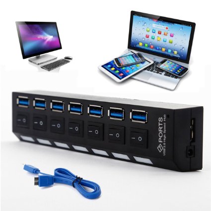 ONCHOICE High Speed 7-PORTS USB 3.0 Hub with 7 Power Switches (Led light)with Cable length:1m/3.3ft for MacBook/Laptop / Notebook / PC / Computer