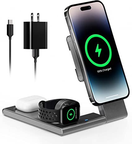 3-in-1 Foldable Magnetic Wireless Charger with MagSafe Charger Stand, Fast Magnetic Charging Station for iPhone 14/13/12 Series, iWatch 8/7/6/SE/5/4/3/2, AirPods 3/2/Pro (with QC 3.0 Adapter)