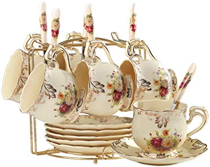 YOLIFE Flowering Shrubs Tea Cups and Saucers Set,Ivory Ceramic Tea Cups Set,Pack of 6 with Golden Metal Rack
