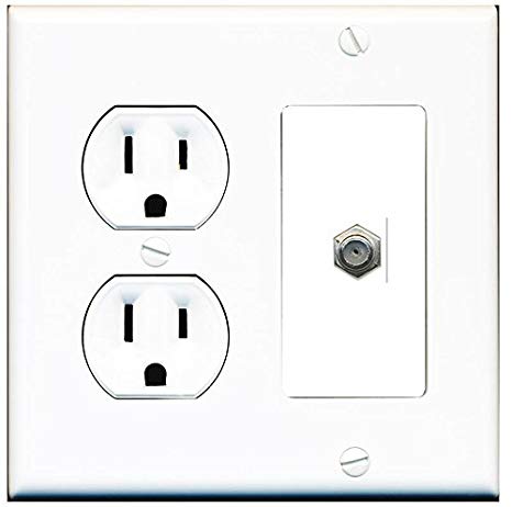 RiteAV (2 Gang Decorative) 15 Amp Round Power Outlet Coax Cable TV Wall Plate - White