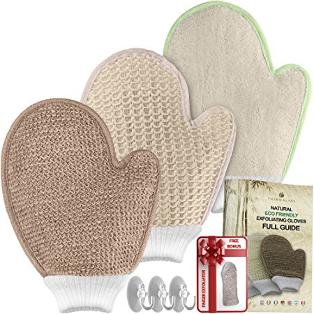 Bath Exfoliating Shower Gloves Health Set! 3 Scrubber Exfoliation Dry Spa Mitts Kit: Remove Dead Skin and Make Your Body Soft with Thick Bamboo Loofah, Medium Sisal & Thick Jute. Back, Neck & Face Use