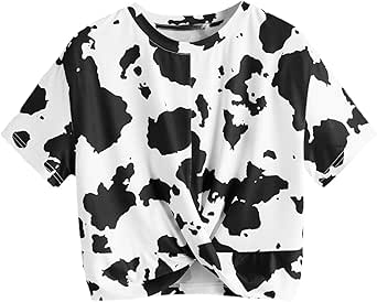 Milumia Women's Cow Print Twist Front Short Sleeve Crop Tank Top Tee Shirt