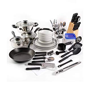 Large Kitchen Combo Set. This 83 piece kitshen starter set has everything you need. Stainless steel cookware, dinnerware, flatware, storage containers and gadgets for stirring, flipping and chopping.