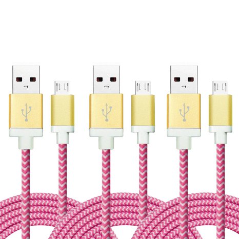 iSeeker [3-Pack] High Speed 6.6ft/2m Nylon Braided Tangle-Free Micro USB Cable with Gold-Aluminum Connectors for Android, Samsung, HTC, Motorola, Nokia and More(Pink)