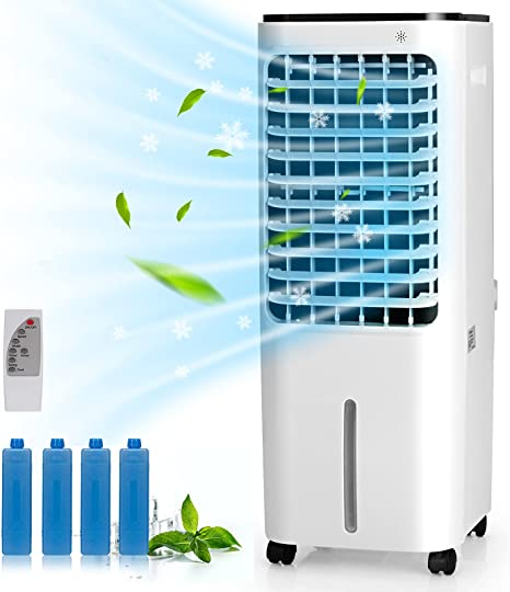COSTWAY Evaporative Cooler, Include Remote Control, 4 Ice Packs, Bladeless Fan with 4 Wind Modes, 3 Speeds, 7.5H Timer, 12L Water Tank, LED Display, Portable Air Cooler for Indoor Use, Bedroom, White