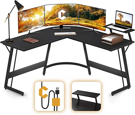 Cubiker Modern L-Shaped Desk Gaming Corner Desk, PC Laptop Computer Writing Desk for Home Office Wood & Metal, Black